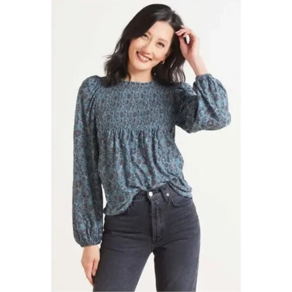 Nation Ltd Top Womens Extra Small‎ Blue Floral Marion Babydoll Smocked Tee